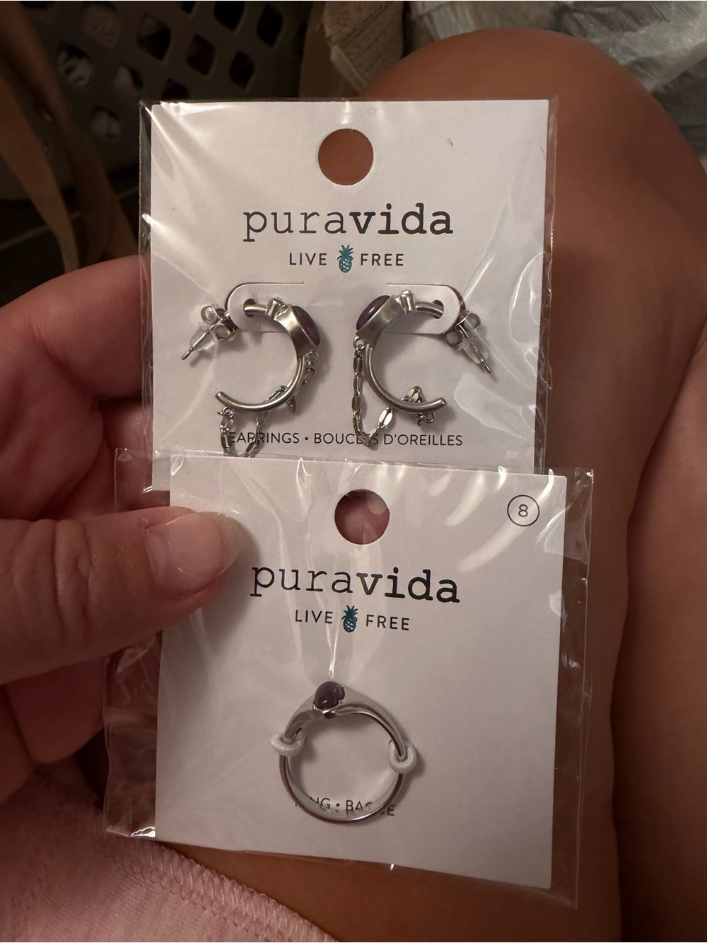 Pura Vida Silver Hoops with Purple Accent and ring